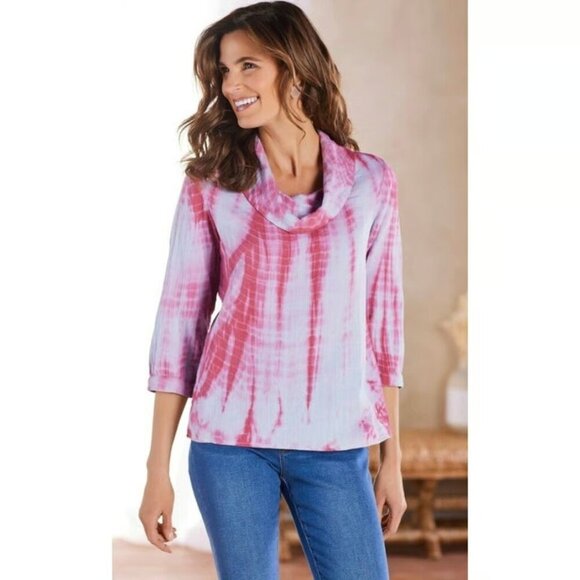 Soft Surroundings Sierra Gauze Pullover Sz L Tie Dye Cowl Neck 3/4 Sleeve Tunic - Picture 1 of 10